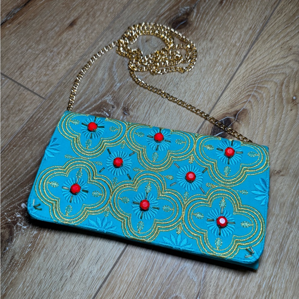 Shiraleah Chicago Turquoise Embroidered Shoulder Bag with Gold Chain